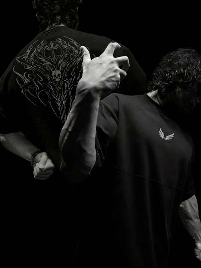 RISE LYT 男士休闲骷髅翅膀印花T恤，适合日常穿着和运动。