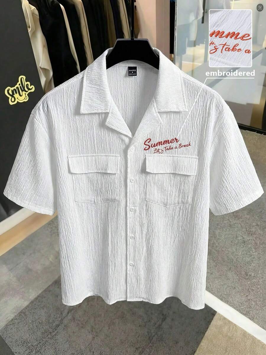 Manfinity Roghcode 男士白色提花梭织宽松工装口袋翻领短袖衬衫，撞色夏季刺绣，可单穿或叠穿，休闲度假风，INS热门款 - 白色 - 查看 1