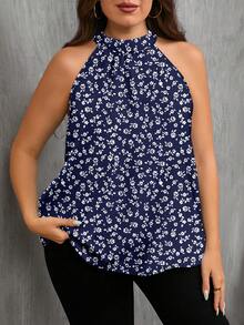 EMERY ROSE Plus Size Women All-Over Print Halter Casual Minimalist Shirt, Suitable For Summer Daily Wear - Navy Blue - View 5