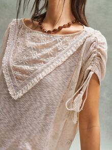 Bohemela Summer BOHO Easter Music Festival Casual Vacation Countryside Retro Outfit Daily Wear Casual Knit Contrast Lace Round Neck Loose Women T-Shirt Women's Tops For Summer Boho Tops For Women,Summer Top - Apricot - View 2