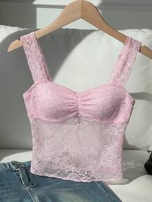 Comfortcana Camiseta corta y ajustada con tirantes gruesos, encaje y volantes, con estilo Y2K sexy para mujer - Rosa - Ver 3