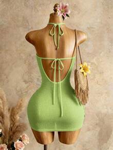 Mistrie Gaun Mini Halter Tanpa Punggung Motif Bunga untuk Liburan Pantai Wanita - Hijau - View 2
