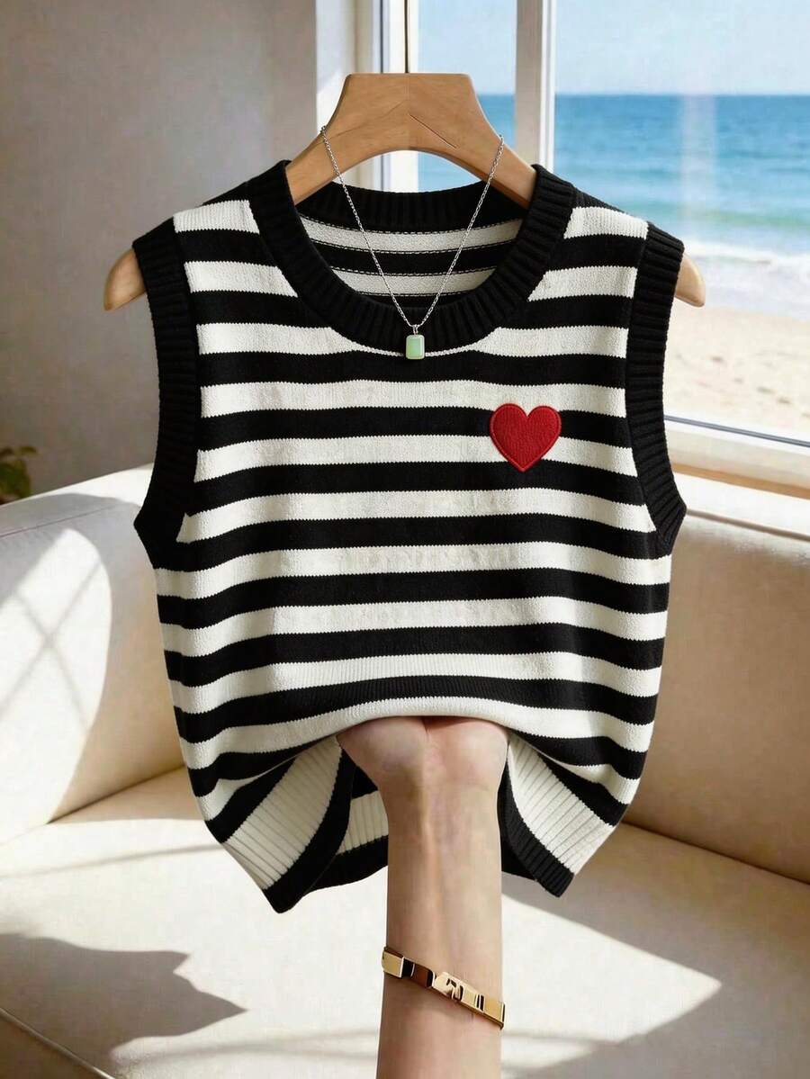 Franclia 新款春秋季休闲温柔韩版甜美针织女士毛衣背心 - 黑色 - 查看 1