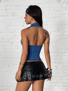 StreetHx Women's V-Neck Single-Breasted Sexy Fitted Halter Denim Blouse - Blue - View 2