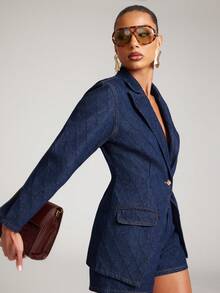 NYA SZN Justine Denim Blazer Top Collared Argyle Textured Easter St. Patricks Day Brunch Casual Everyday Going Out Party Special Occasion Travel Vacation Office Siren Western Country Date Night Elegant Luxury Business Casual Event Everyday Wedding Brunch Office Gyaru Street Style Spring Summer Statement Carnival Bridal Shower Outfits For Women - Dark Wash - View 4