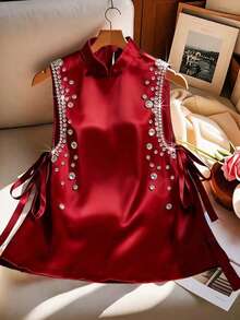 Franclia Satin Bow Tie Sleeveless Shirt, Stand Collar, Rhinestone - Red - View 3