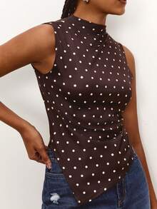 Daynim Polka Dot Print Mock Neck Sleeveless Blouse - Brown - View 3