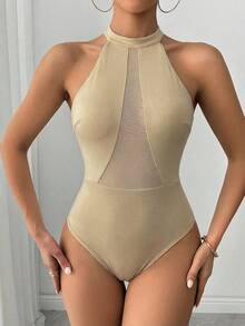 Glamine 女士性感风格连体衣，夏季新款网纱透视高领无袖修身叠穿上衣，修身显高挑，适合女士夏季海滩度假和日常穿着的多功能连体衣。 - 卡其色 - 查看 7