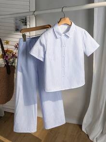 SHEIN 适合度假、上学的少女休闲街头服饰，卡通印花条纹衬衫和裤子套装 - 藍色 - 查看 2