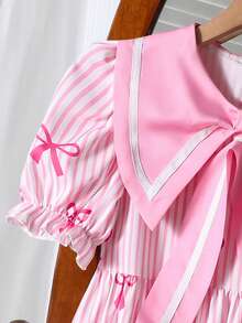 SHEIN 少女休闲可爱蝴蝶结水手领短泡泡袖连衣裙，适合外出、度假 - 粉色 - 查看 4