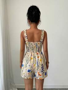 Elenzga 女士杏色底多色印花荷叶边吊带系腰连体裤，优雅精致，适合情人节、复活节、五一劳动节、生日、约会、派对、正式场合、教师装，充满活力，春夏款。 - 杏色 - 查看 2