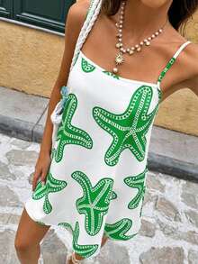 Vivid Eden Đầm mini dáng suông in hình sao biển, thích hợp mặc đi biển cho nữ. - màu xanh lá - Xem 2