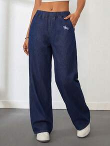 SHEIN Tall Summer Tall Women's Casual Daily Plus Size Elastic Waist Wide Leg Denim Pants For Women Embroidered Loose Casual Jeans Cowgirl Embroidered Elastic Waist Loose Denim Jeans - Black - View 3