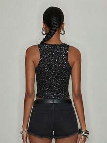 Y2Kool Ronald Lubega 黑色和银色金属质感破洞Y2K性感露脐背心，休闲街头风，适合春夏、派对、度假、日常穿着。 - 黑色 - 查看 4