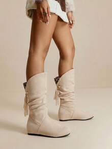 Daringsoles Giày bốt cao đến giữa bắp chân, thường ngày, xếp ly dành cho nữ - Màu be - Xem 1