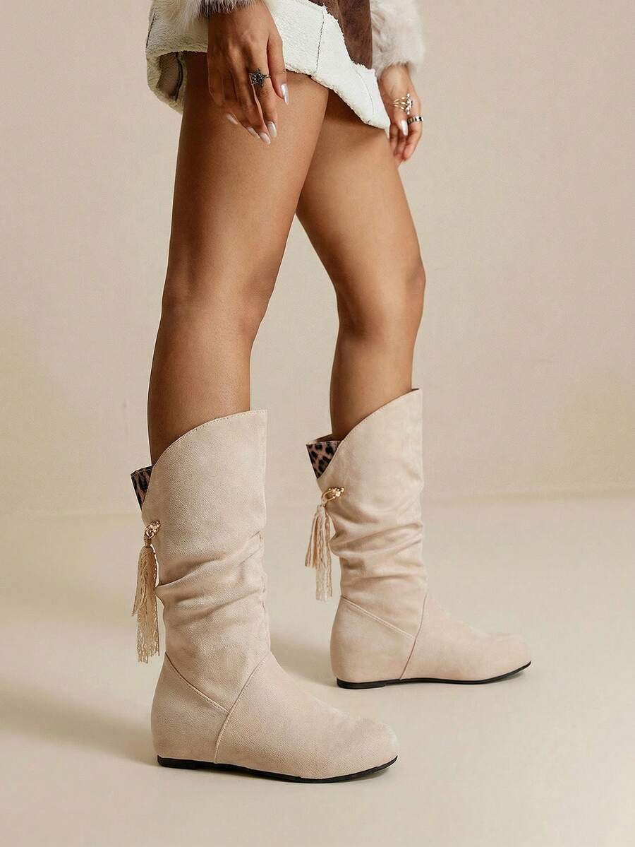 Daringsoles Giày bốt cao đến giữa bắp chân, thường ngày, xếp ly dành cho nữ - Màu be - Xem 1