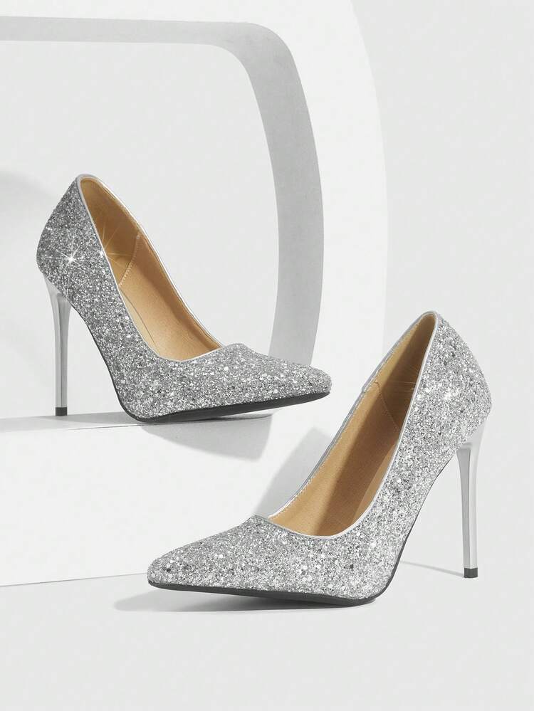 CUCCOO SZL Women Shoes Women's Pointed Stiletto Silver Shiny Glitter Women's High Heel Shoes Elegant Elegant Fashion Gorgeous Sexy Suitable For Parties Parties Banquets Nightclubs And Other Occasions Women's Shoes High Heels Spring Shoes