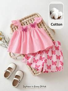 Cozy Pixies Baby Girl Butterfly Pattern Square Neck Sleeveless Top And Elastic Waist Shorts 2 Pieces Set - Pink - View 1