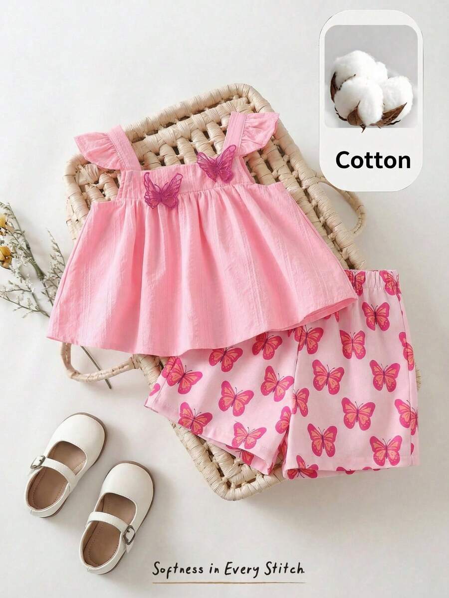 Cozy Pixies Baby Girl Butterfly Pattern Square Neck Sleeveless Top And Elastic Waist Shorts 2 Pieces Set - Pink - View 1
