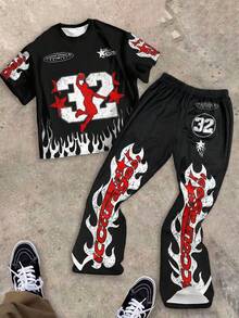 SHEIN Tween Boy Classic Fashion Casual Cool Numeric & Flame Print Crew Neck T-Shirt And Flare Pants 2-Piece Set, Suitable For Summer - Black - View 1
