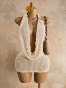 Mistrie Vestido sin mangas con cuello halter y tela vaporosa tejida - Blanco - Ver 3