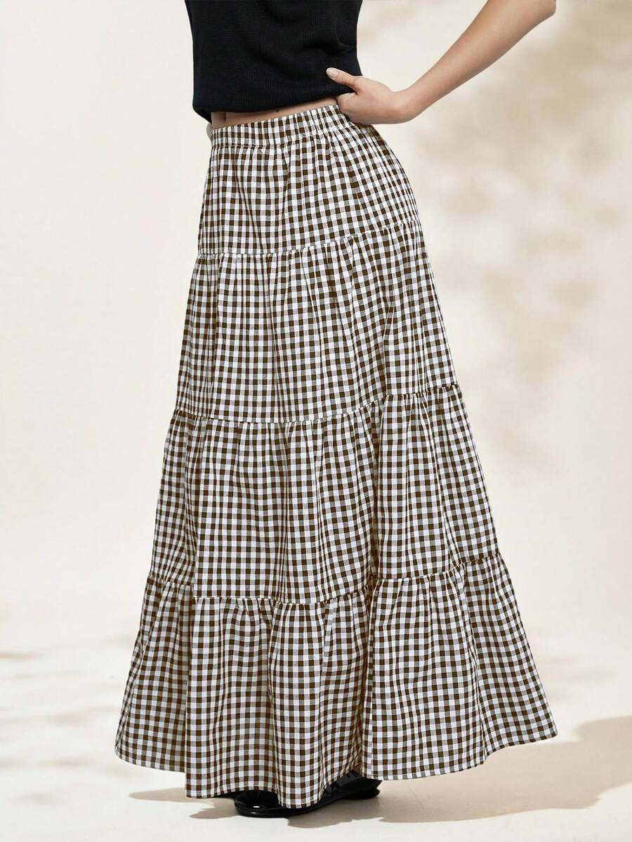 Women's Brown Plaid Print High Waist Ruffle Hem Skirt, Spring/Summer - Brown - View 1