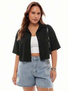 SHEIN EZwear Kích thước lớn Màu thuần Dệt Lỏng lẻo Áo sơ mi - màu đen - Xem 3