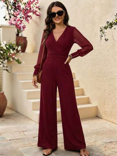 Enterizo Elegante de Pierna Ancha con Mangas de Malla y Puños con Perlas - Ideal para Fiestas de Noche y Navidad