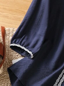 Franclia 女士亚麻混纺五分袖刺绣衬衫，新款春夏高端薄款休闲套头衫，时尚百搭度假上衣 - 藏蓝色 - 查看 3