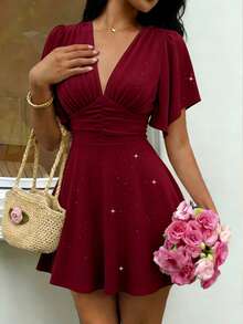 Elenzga New Women V-Neck Pleated Bust Ruffle Sleeve Waist Cinched Mini Dress, Elegant And Youthful - Burgundy - View 1