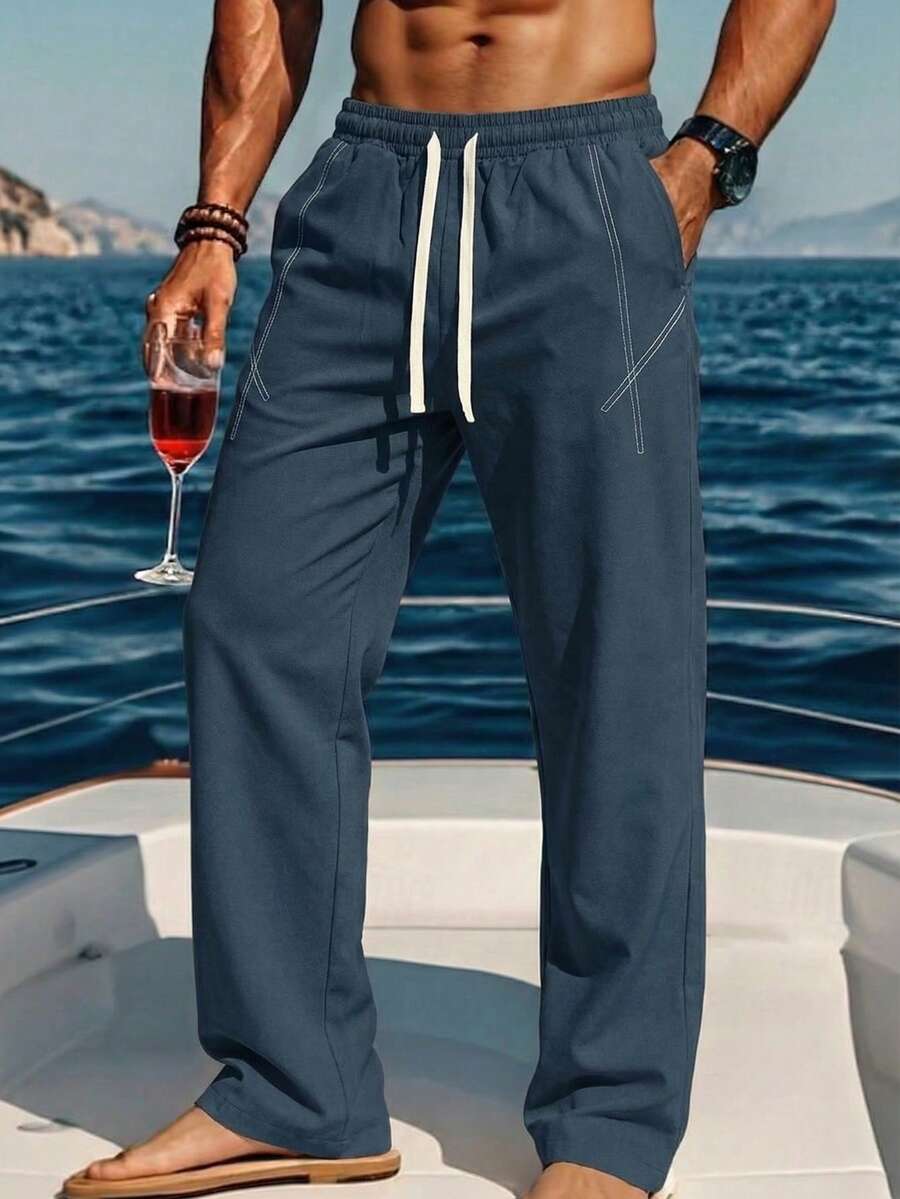 VIVINTIMO Men's Casual Pants With Pockets, Elastic Waist Drawstring Loose Fit - Navy Blue - View 1