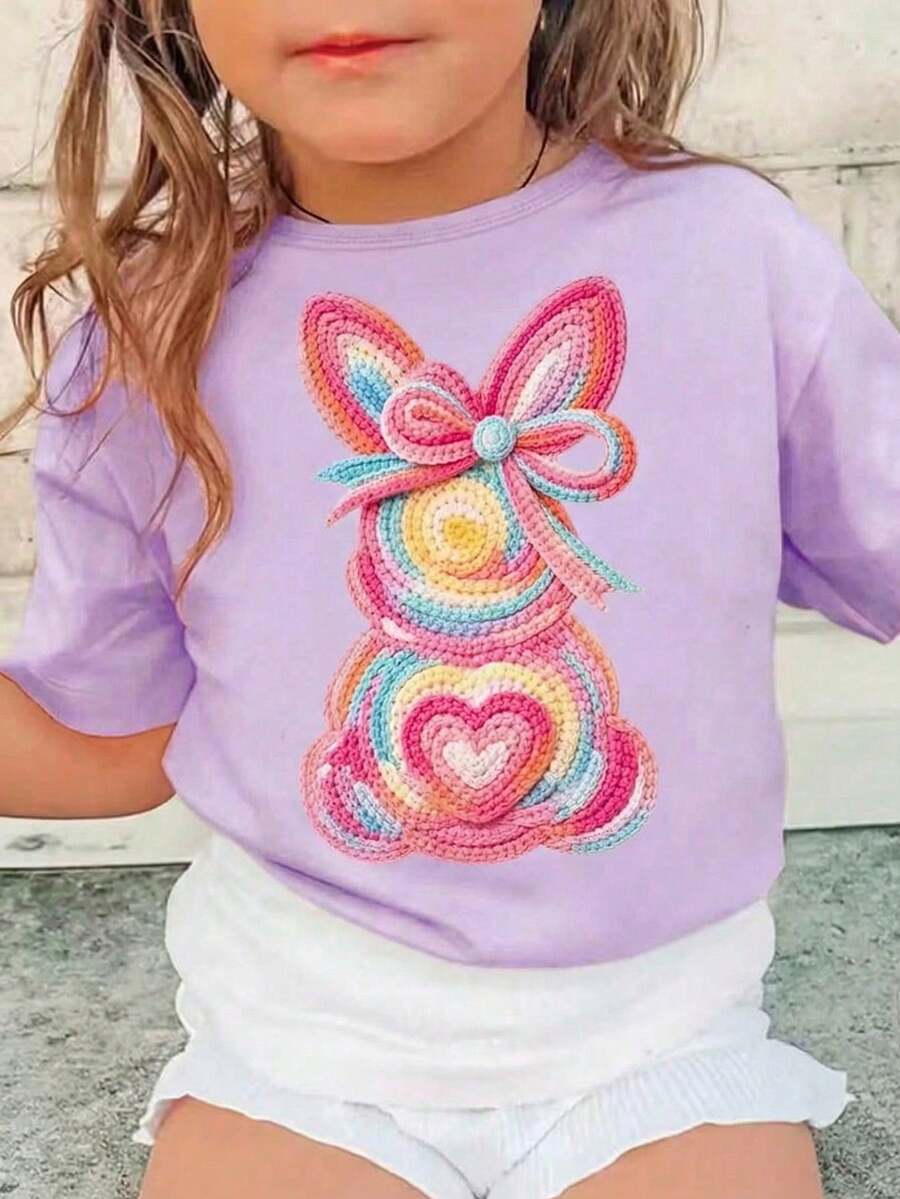 Camiseta de uso diario versátil y casual con cuello redondo y estampado de dibujos animados para niñas jóvenes - Rosa - Ver 1