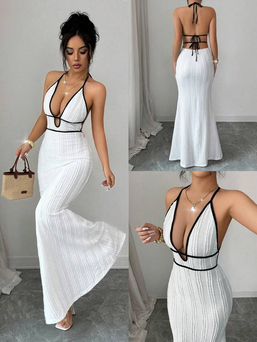 Rafferiza Women's Textured Bodycon Cami Dress, Sexy Vacation/Date Night Outfit, Black Trim, Spring/Summer - White - View 1