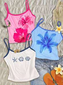 Teen Girl Floral Print Casual Versatile Camisole - Grey - View 1