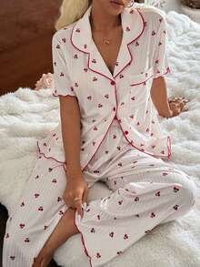 CottageSlumber 女士针织樱桃印花纽扣装饰短袖睡衣套装 - 彩色 - 查看 5