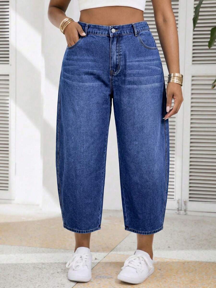 SHEIN PETITE CURVE Summer Plus Size PETITE CURVE Casual Washed High Waist High Waisted Barrel Denim Pants For Women Cropped Wide Leg Baggy Casual Crop Jeans - Medium Wash - View 1