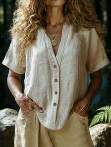 Breezaya Women's Open Front Shallow Drop Shoulder Button Down Apricot Blouse - Beige - View 3