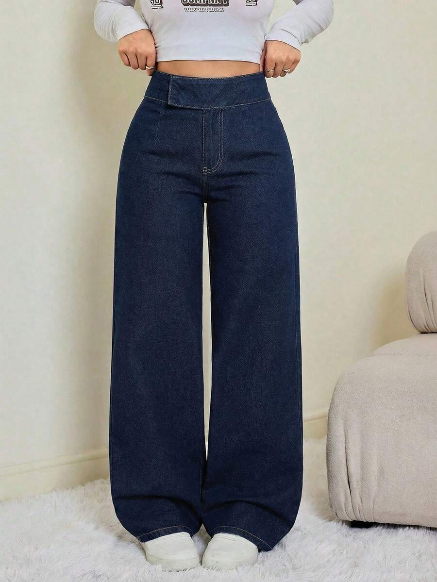 SHEIN Tall Women's Casual High Waist Wide Leg Washed Denim Jeans - Black - View 1