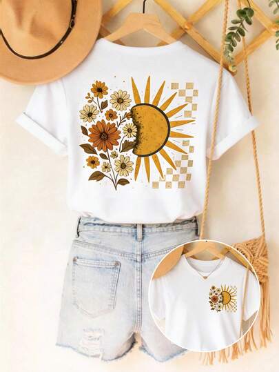 DrmWander Büyük Beden Kadın Ayçiçeği Çiçek Desenli Yuvarlak Yaka Kısa Kollu Günlük Tişört