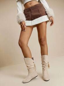 Daringsoles Giày bốt cao đến giữa bắp chân, thường ngày, xếp ly dành cho nữ - Màu be - Xem 7