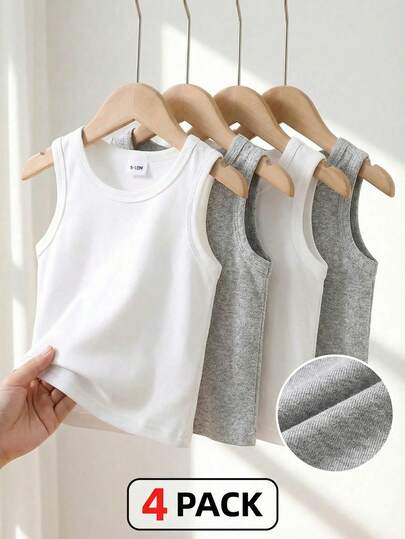 SHEIN Bộ 4 áo thun dệt kim không tay cổ tròn, thích hợp mặc ngoài khi đi chơi, mặc thường ngày, đi du lịch, phù hợp cho bé trai từ 6 tháng đến 3 tuổi.