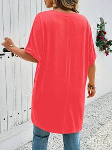 Breezaya 大码女式V领开衩下摆休闲百搭日常短袖T恤 - 亮橙色 - 查看 2