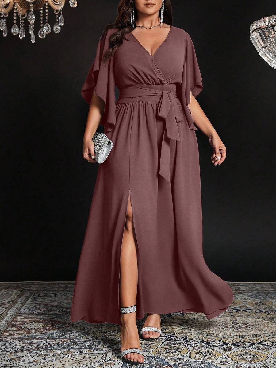 Auvina Đầm dự tiệc thanh lịch dành cho nữ cỡ lớn, màu trơn, ôm sát, cổ chữ V, tay loe, thắt eo, xếp ly, xẻ tà. - Màu nâu Sô-cô-la - Xem 1