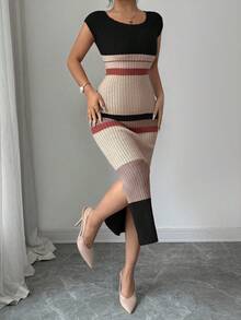 Elenzga Vestido de punto elegante de manga corta con cuello en U, ajustado, de largo medio y bajo con abertura, diseño de rayas, estilo versátil de señora, nuevo para primavera/verano - Multicolor - Ver 3