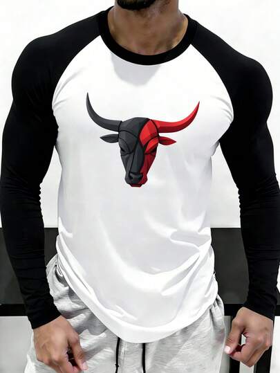GymBeat Men's Contrast Color Patchwork Ox Print Sports T-Shirt