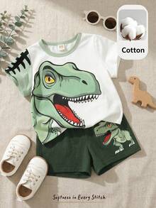 Cozy Pixies 2件套男婴卡通动物印花柔软针织圆领短袖上衣和松紧腰裤套装 - 綠色 - 查看 10