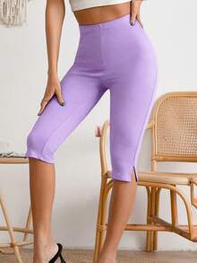 Breezaya 女士纯色高腰休闲百搭日常修身七分裤 - 淡紫色 - 查看 3