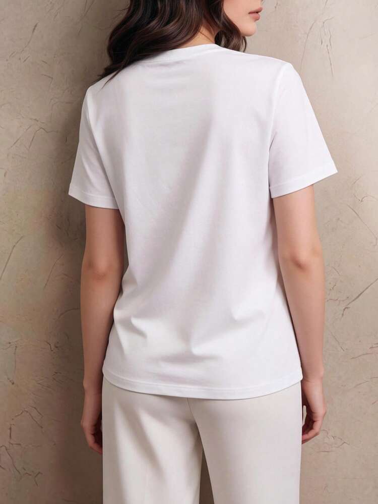 Women's Round Neck Rhinestone Cherry Pattern Casual Versatile Daily Wear Short Sleeve T-Shirt
