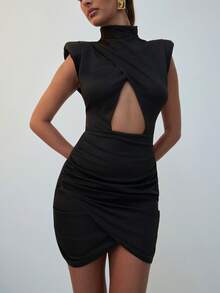 Hauture Vestido Casual Feminino Sem Mangas Gola Alta Franzido Mini - Preto - Visão 6