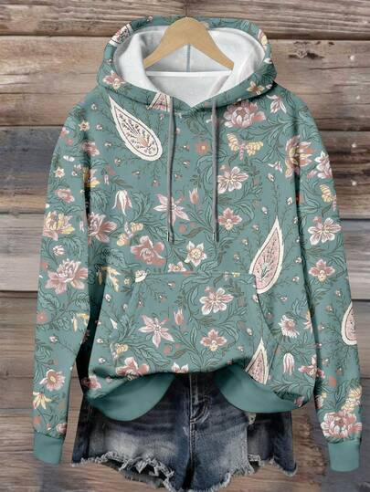 EMERY ROSE Sudadera con capucha casual para mujer con estampado floral y auspicioso, de estilo versátil y deportivo, adecuada para uso al aire libre y en el hogar, otoño
